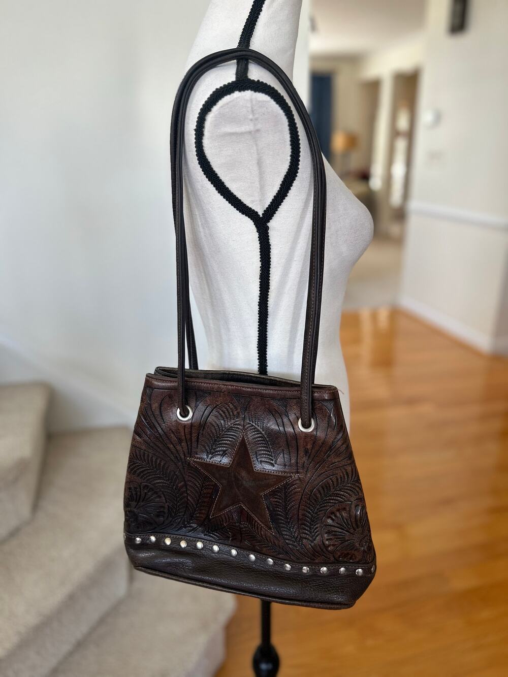 Vintage 90s Western Brown Tooled Leather Studded Suede Star Shoulder Bag